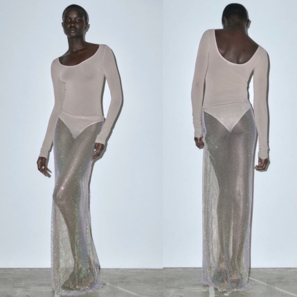 NWT Zara Shimmer Rhinestone Mesh Gold Maxi Skirt Sz S